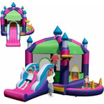 5 en 1 Château Gonflable avec Toit & Toboggan, Aire de Jeux Gonflable avec Piscine & Panier de Basketball, Maison de Rebond, Charge 90kg pour 2