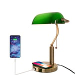 FIRVRE Green Glass Bankers Lamp, E27 Desk Reading Lamp, Classic Retro LED Table Lamp with Wireless Charging USB Port, Vintage Brass Pull Chain Switch Nightstand Bedside Light for Home Office Bedroom