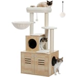 Pawz Road - Arbre à Chat en Bois avec Maison de Litière, Meuble d'intérieur pour Chat Tout-en-Un avec Grande Plateforme, Niche, Tapis Lavables,