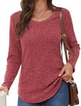 Aottori T-Shirts à Manches Longues Femme Col en V Léger Tunique Haut Décontracté Automne Hiver Pull Col Rond Chic Elegant Sweatshirt Tops B-Vin Rouge XL