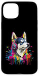 Coque pour iPhone 15 Plus Husky Lovers Pop Art portant des écouteurs drôles Husky