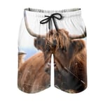 kikomia Men's Swimming Shorts Highland Cattle in Scotland Print Fashionable Beach Shorts with Pockets White S