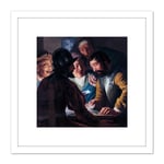 Lievens Card Players Painting 8X8 Inch Square Wooden Framed Wall Art Print Picture with Mount