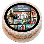 Grand Theft Auto GTA5 Theme Personalised PRECUT Cake Topper 8 Inch Round Edible Icing Sheet Birthday Decoration