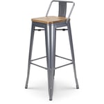 Kosmi - Tabouret de Bar Style Industriel en métal Silver avec Dossier et Assise Bois Clair - Hauteur 76 cm