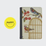 VINTAGE BIRD CAGE SINGING BIRDS - Passport Case Holder Cover Vegan Faux Leather