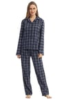 YUSHOW Pyjama long pour femme - Deux pièces - Coton - Hiver - Flanelle - Haut long - Pantalon de pyjama à carreaux - Coton - Combinaison d'intérieur douillette - Ensemble de salon de Noël, Bleu marine