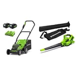 Greenworks 2x24V 36 cm Battery Lawnmower G24X2LM36K4x with 2x4Ah Battery and Dual Slot Charger & 2X24V Cordless Leaf Vacuum and Leaf Blower 2-in-1 GD24X2BV Tool Only