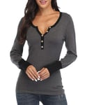 Dilgul Pull Femme Hiver Chemise Blouse Manches Longues Col en V Bouton Chemisier Noir Patchwork Gris Foncé X-Small