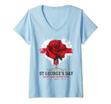 Womens St Georges Day Outfit Idea For Kids With Rose & English Flag V-Neck T-Shirt