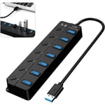 USB 3.0 Hub, Multi 7 Port USB Power Strip med oberoende switch, Powered USB 3.0 Hub, Multipel USB Port för PC, Laptop