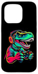 Coque pour iPhone 15 Pro Gaming Dinosaurs- Le T-rex joue aux jeux vidéo