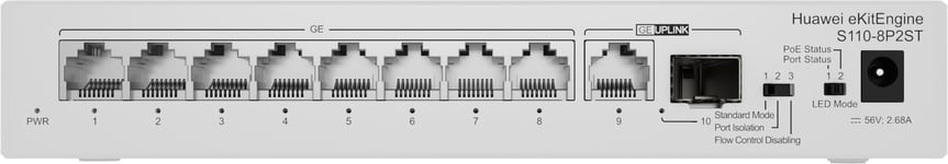 HUAWEI Switch S110-8P2ST 8x10/100/1000BASE-T ports PoE+ 1xGE SFP port 1x10/100/1000BASE-T port eKit Stock