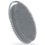 Hience Double-sided Silicone Body Scrubber Exfoliator with Loop Handle, Bath Shower Body Cleansing Brush for Gentle Exfoliation and Massage, More Hygienic and Long-lasting Than Loofah/Sponge, Grey