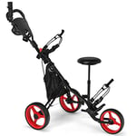 COSTWAY Chariot de Golf à 3 Roues Pliable, avec Porte-gobelet, Frein à Pied, Tableau de Score, Sac de Rangement, Poignée Réglable sur 4 Positions, Porte-Parapluie et Siège Réglables, Rouge + Noir