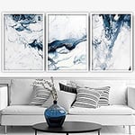 Artze Wall Art Art abstrait Ocean Art Lot de 3 impressions de peinture Bleu marine/blanc 40 x 50 cm