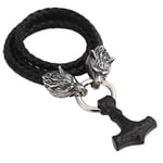 Men Viking Stainless Steel Thor's Hammer Necklace with Wolf Head Hand-Woven Leather Cord Chain, Nordic Celtic Odin Mjolnir Pendant Amulet,Black,Silver,70CM