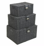 Set of 3 Storage Basket Resin Wicker Woven Hamper Box With Lid & Lock Stackable