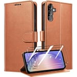 QHOHQ Tenphone Coque pour Samsung Galaxy A54 5G + 2 Pièces Verre Trempé, Etui Protection Housse Premium en Cuir PU, Antivol, Fermeture Magnétique Flip Case pour Samsung A54 5G - Marron