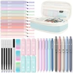 Four Candies Lot de 39 fournitures scolaires esthétiques avec jolie trousse à stylos, 12 surligneurs pastel, 5 stylos à encre gel noire, 6 porte-mines de 0,5 et 0,7 mm pour étudiants (bleu)