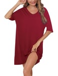 Irdcomps Chemise de Nuit Femme Coton Chemises de Nuit Grande Taille Robe de Nuit à Manches Courte Vêtements de Nuit Ete Col en V Nightie Sleep Nightgown Couleur Unie Loose Casual Stylish Vin Rouge XXL