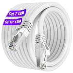 Cable Ethernet 12m, Cable RJ45 Cat 7 12m Blindé Haute Vitesse S/FTP Cable Reseau Blanc Gigabit Extérieur Imperméable Cable LAN Cable Internet pour Routeur Modem - 10Gbps 600MHz