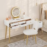 WOLTU Ensemble Coiffeuse avec Miroir LED Réglable et Chaise en Velours, Table de Maquillage avec 3 Tiroirs en Bois Massif, Grand Plateau 100x40cm, Bureau Coiffeuse, Blanc+Crème+Or, MB6105ws