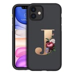 Yoedge Coque pour Oppo A15 (4G)(6.52 Pouce), Coque en Gel Doux Ultra-Mince Noir Flexible Souple TPU Silicone Housse Anti-Choc Anti-Rayures Housse Protection Designs Lettre J Rose Gold Flowers