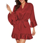 KOOBK Robe De Chambre Femme Sexy,Peignoir en Soie Satinée avec Ceinture Col en V pour Femmes Robe À Volants De Couleur Unie Robes Courtes D'Été Vêtements De Nuit Sexy Demoiselle d'honneur sous-Vêteme