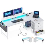 ODK Bureau d'angle Réversible, Bureau Gaming LED, Bureau en L avec 2 Prise de Charge USB et 2 Prise de Courant, Bureau Informatique avec 4 Tiroirs, Bureau Gamer pour Domicile, Blanc, 160x80x84.7cm