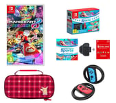 Nintendo Switch (Neon Red & Blue), Sports, Online 12 Month Membership, Mario Kart 8 Deluxe, Venom Joy-Con Racing Wheels & PowerA Protection Case (Pikachu Plaid) Bundle, Red,Blue