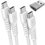 USB C to USB C Charger Cable 60W (1M+2M+Adapter) STRONG Braided C to C Cable Fast Charging Type C Data Lead Compatible with iPhone 15, iPad Pro 2022, MacBook Pro, Samsung S24/S23/A54/A14/A04s, Pixel 8