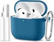 Coque Compatible avec AirPods 4 Case 2024, Étui Protection Antichoc en Silicone Souple pour Apple AirPods 4ème Generation Housse avec kit de Nettoyage et Mousqueton [LED Visible], Bleu