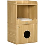 PawHut Maison de Toilette pour Chat, Meuble litière Chat, Armoire de Rangement, 3 Niveaux, Compartiment fermé par Une Porte, 1 Coussin, 60 x 45 x 103 cm