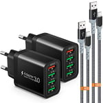 Chargeur USB, 4 ports 33 W avec chargeur rapide QC 3.0 USB, multiple, avec 2 câbles de charge rapide de 2 m/3 m, adaptateur USB pour Samsung Galaxy S24/23/22/21, iPad Pro, LG, Sony