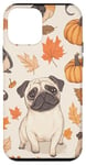 Coque pour iPhone 12 mini Carlin vintage blanc avec feuilles d'automne et citrouille épicée Kawaii