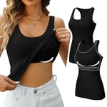 V FOR CITY Women Cotton Tank Top Scoop Neck Tank Top with Shelf Bra Workout Soft Yoga Top 2 Pack Black/Black S