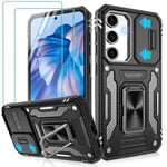 Jshru for Samsung S24-Plus Case with Screen Protector [2 Pack] and Slide Camera Cover,S24+ Plus Shockproof Bumper Phone Case,Ring Kickstand Phone Cover for Samsung Galaxy S24 Plus,Black