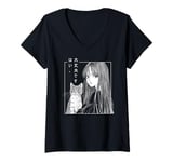 Womens 80's Manga Anime Art Goth Cat Sad Girl Aesthetic Kanji Art V-Neck T-Shirt