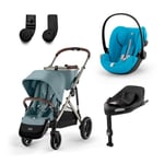 cybex GOLD i-Size Gazelle S Taupe Sky Blue barnevogn inkludert Cloud G-bilbarnestol Plus Beach Blue Base G-basestasjon og adapter