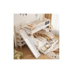 Lit superposé enfant 140 x 200 cm et 90 x 200 cm pour 3 places avec escalier et placards de rangement, toboggan, 2 tiroirs, sans matelas, blanc