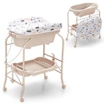 DREAMADE Table à Langer Pliable 4 en 1 Bébé avec Baignoire Matelas à Langer et Rangement Portable Nourrisson 0-12 Mois avec 4 Roues Universelles Verrouillables Charge 15 KG (Beige)