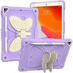 Coque pour iPad 10,2" 2021/2020/2019 avec bandoulière, Coque de Protection résistante aux Chocs avec Support Papillon pour 9e/8e/7e génération (Blanc + Violet)