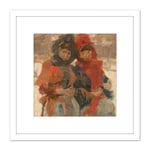 Isaac Israels Two Young Women In The Snow 8X8 Inch Square Wooden Framed Wall Art Print Picture with Mount