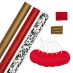 Hallmark Recueil de cadeaux de Noël, lot de 3 rouleaux de papier cadeau, 2 m chacun, 6 étiquettes cadeaux, 2 rubans en raphia, motifs festifs, rouge, or