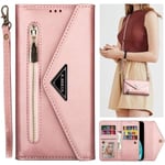 Kompatibel med iPhone SE 2020/ 8/ 7 Fodral Avtagbar Crossbody Halsrem Halsfodral Dragkedja Fodral Axel Med 6 korthållare Omslag Premium Pu Läder Rosa