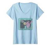 Womens MTV Music Television Record Vinyl Vintage Big Chest Logo V-Neck T-Shirt