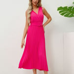 (Rose Red XXL)Pleated A Line Dress Deep V Neck Long Sleeveless Pleated Midi BGS