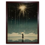 Falling Star Rain Dreamy Artwork Bright Star Wish Woman with Umbrella Fairytale Dreamscape Art Print Framed Poster Wall Decor 12x16 inch