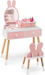 Ensemble de Coiffeuse de Maquillage Princesse 2 en 1 avec Tabouret et Miroir en Forme d oreilles de Lapin Tiroirs Doubles